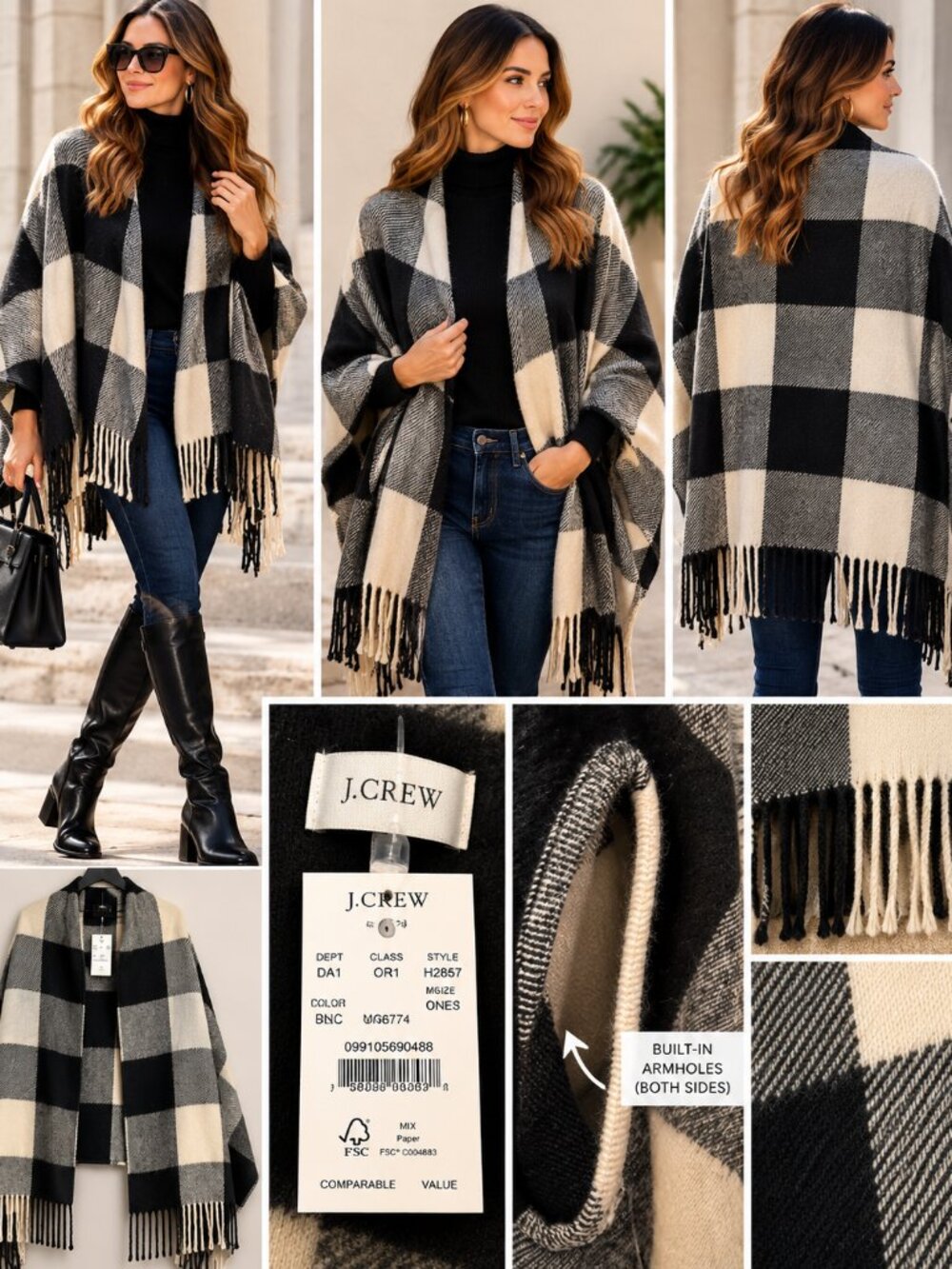 NWT J.Crew Buffalo Plaid Poncho Wrap Shawl Armholes Fringe One Size
